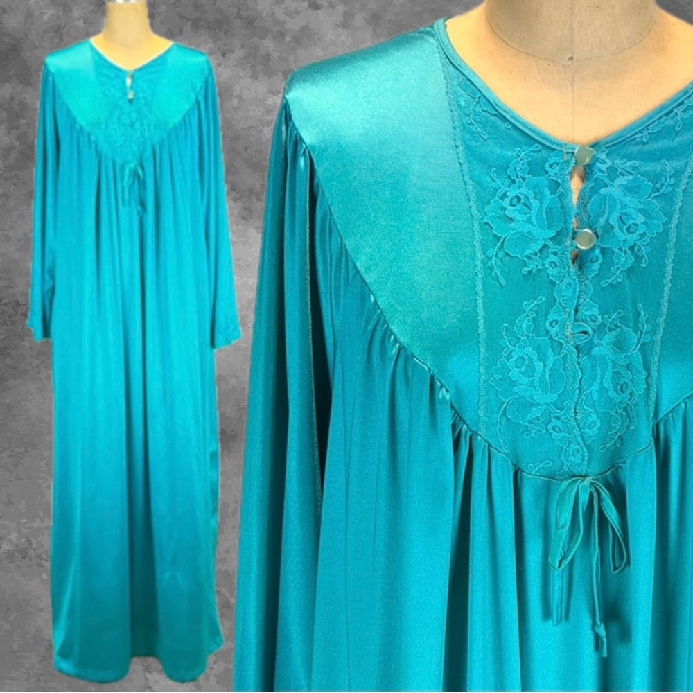 VINTAGE turquoise teal maxi nightgown long sleeve‎ embroidered lace 80s 90s